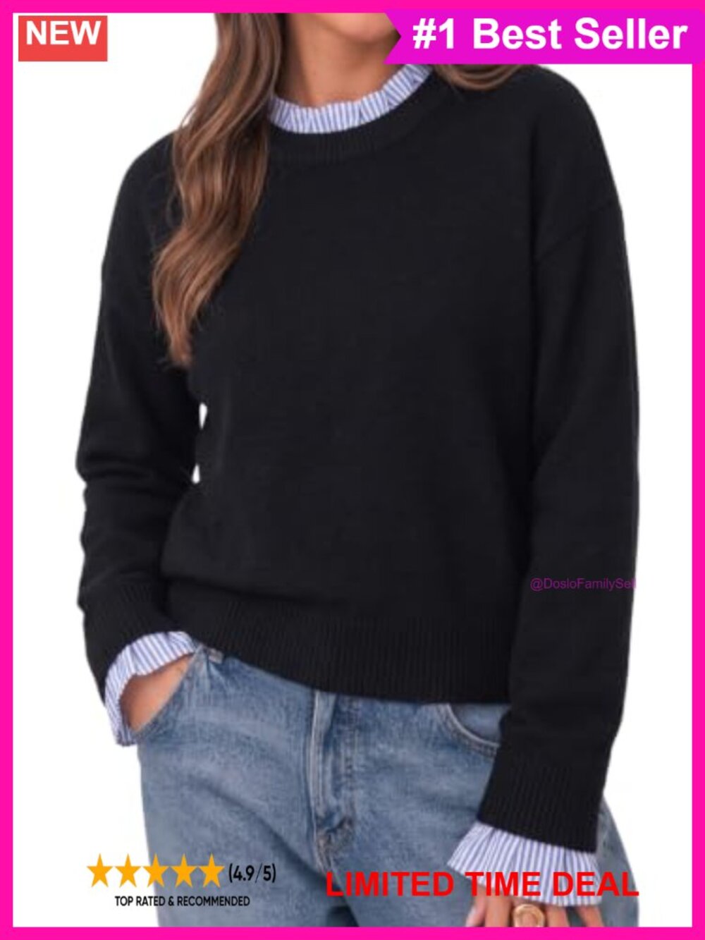 Ruffle Crew Neck Patchwork Knit Pullover Sweater Long Sleeve